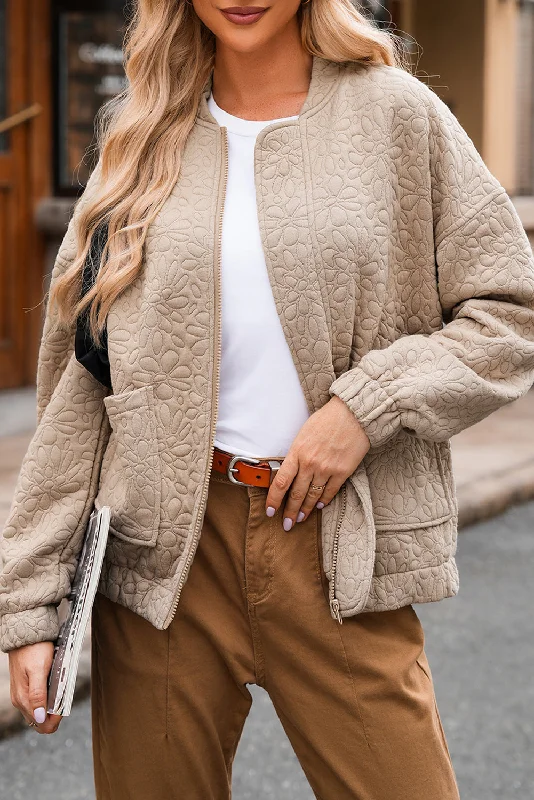 Classic Style Light French Beige Plain Floral Embossed Zip Up Jacket
