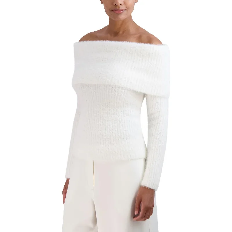 Relaxed Weekend Wear Womens Off-the-Shoulder Ribbed Pullover Sweater