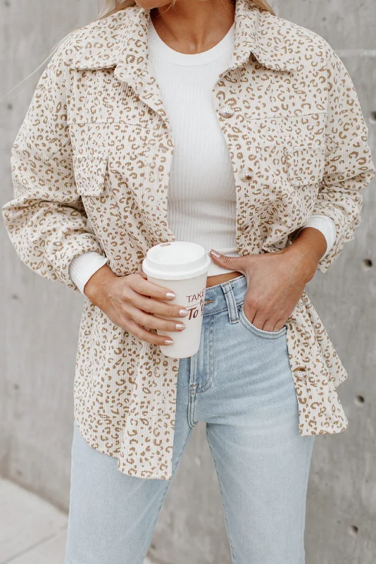 Effortless Elegance Beige Leopard Print Flap Pockets Buttoned Corduroy Shacket