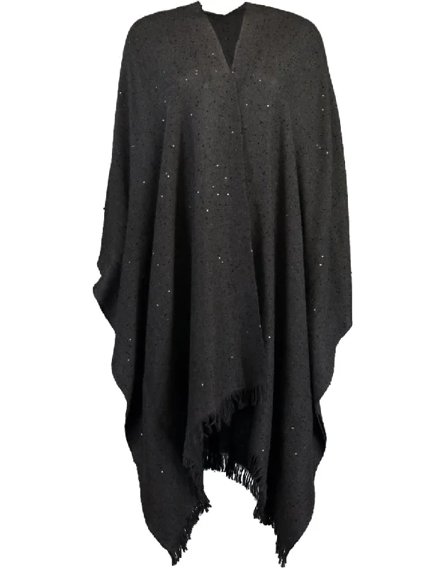 High-end Fabrics Black Cashmere and Silk Frayed Poncho