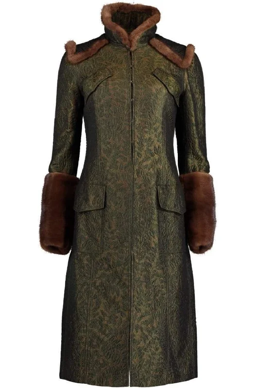 Fashionable Prints Brocade Coat with Mink Trim