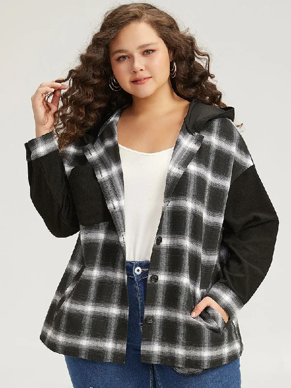 Casual Elegance Plaid Hooded Patched Pocket Button Up Patchwork Coat