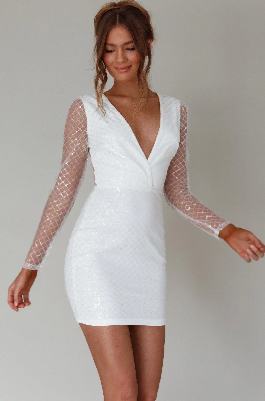High-quality Fabrics Juno Plunging Neckline Sequin Mini Dress White