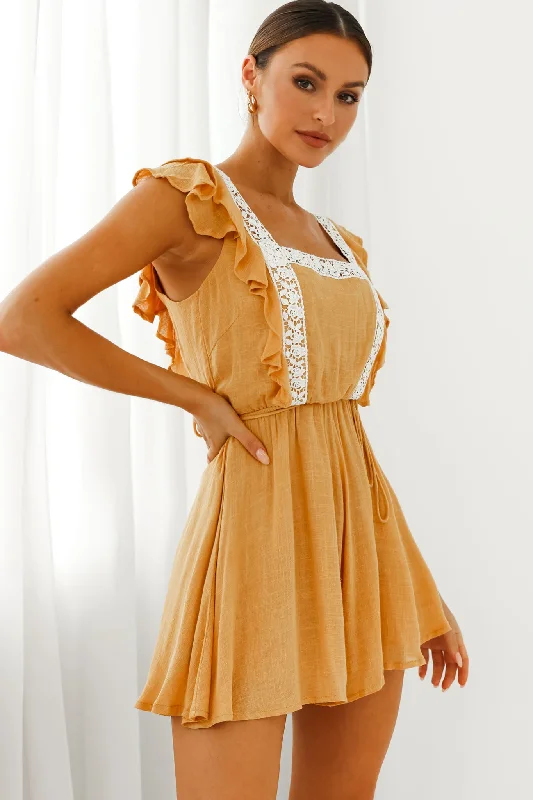 Chic Comfort Meet Again Crochet Lace Trim Tie-Up Back Romper Mustard