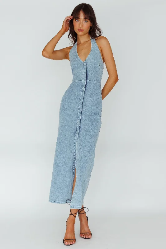 Versatile Items Renita Halterneck Button Maxi Dress Denim Blue