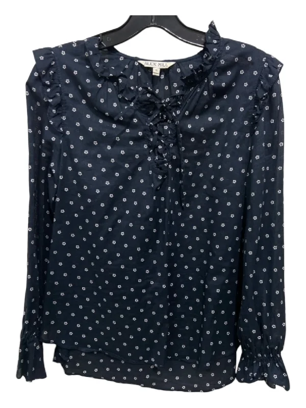 Stylish Jackets Alex Mill Size M Navy Blue & White Cotton Floral lace up Long Sleeve Top
