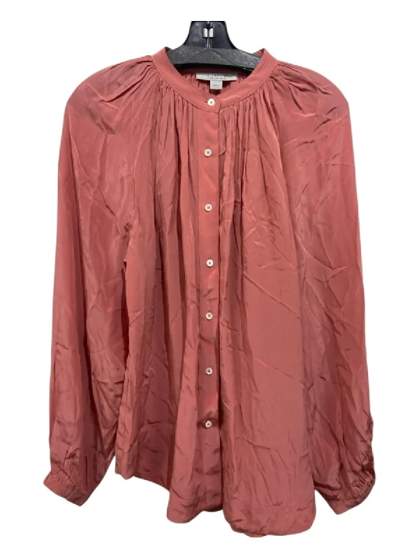 Stylish Ease All Saints Size 4 Coral Pink Viscose Crinkle Long Sleeve Button Up Top