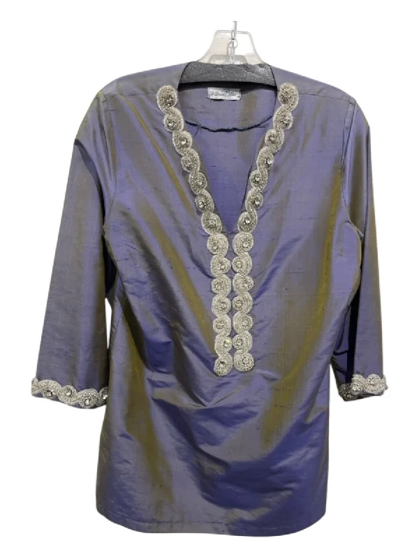 Chic Comfort D. Dream Atelier Size M Purple & Green Raw Silk Jewel Embellished V Neck Top