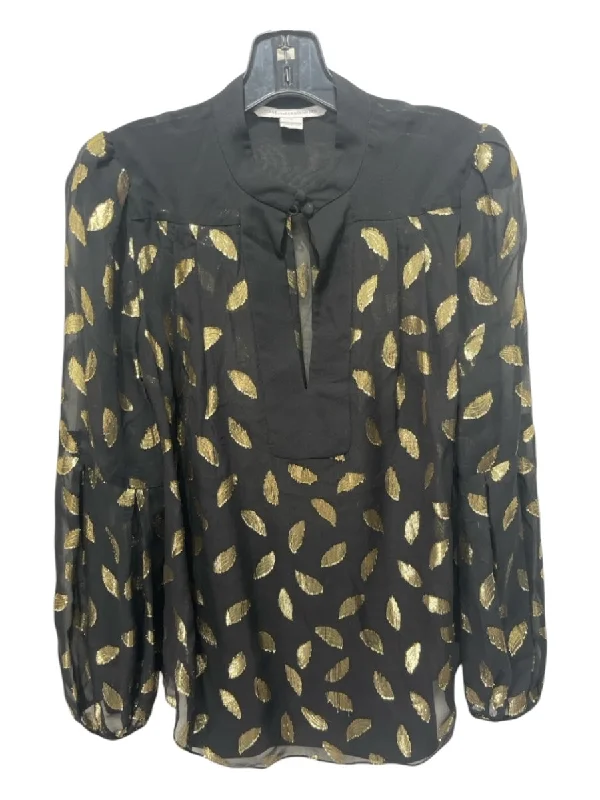 New Products Diane Von Furstenberg Size 4 Black & Gold Polyester Front Keyhole Sheer Top