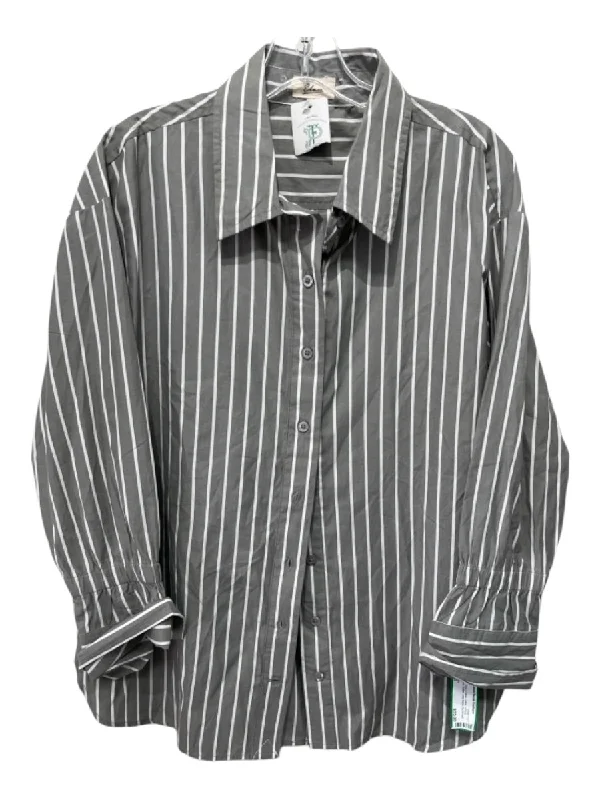Elegant Series Elan Size S Gray & White Cotton Vertical Stripes Button Long Sleeve Top