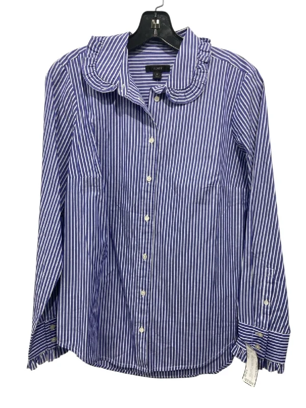 Lazy Home J Crew Size Small Blue & White Cotton Pinstripe Ruffled Collar Button Up Top