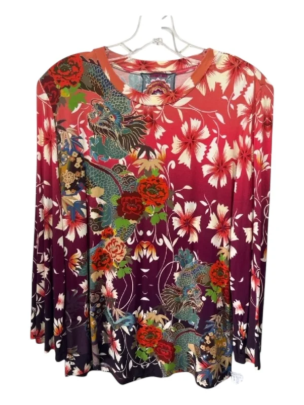 Romantic Data Johnny Was Size M Purple & Orange print Rayon Scoop Neck Long Sleeve Floral Top