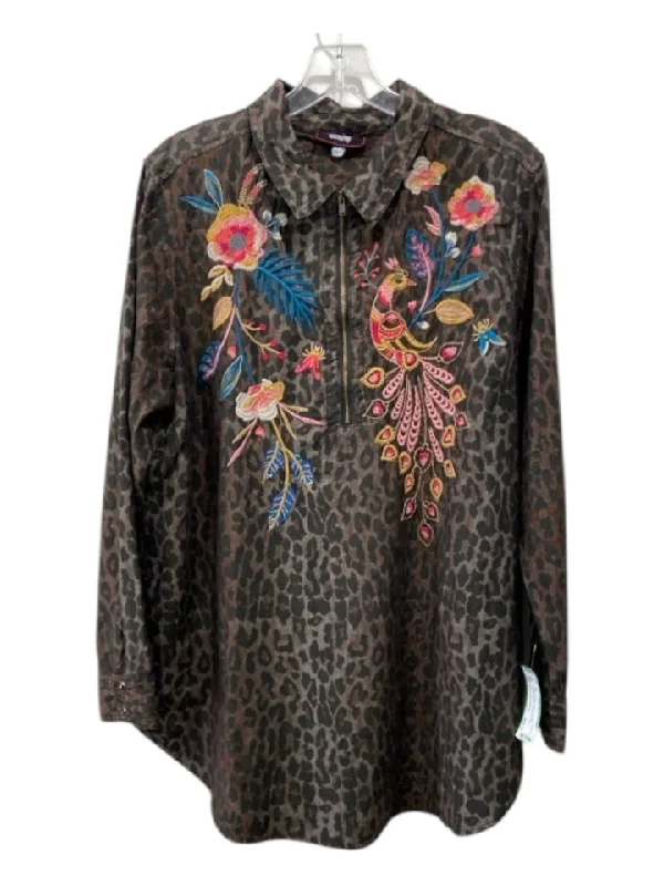 European And American Style Johnny Was Workshop Size L Brown & Multi Cotton Half Bow Embroidered Tunic Top