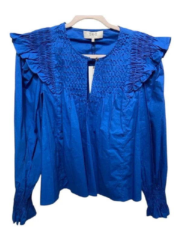 Effortless Comfort Sea New York Size M Blue Cotton Smocked Neck Long Sleeve Smocked Sleeve Top