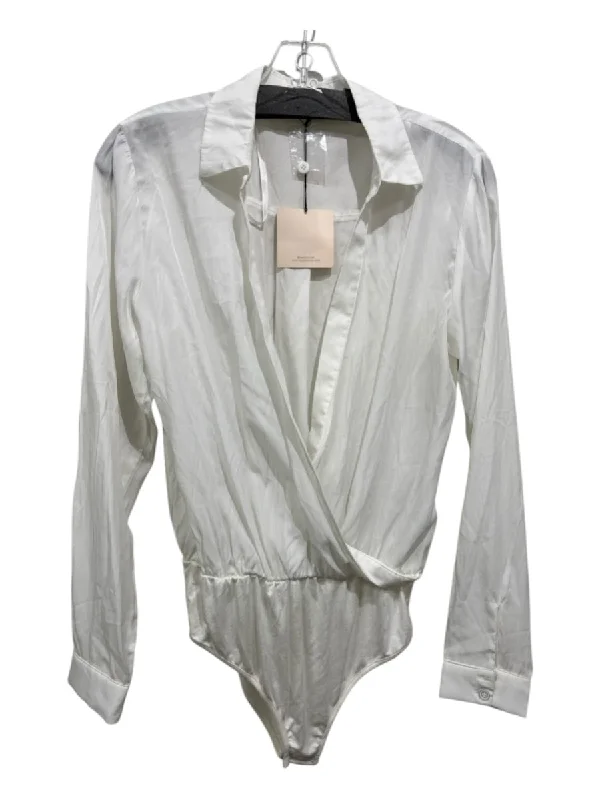 Soft Fabrics Superdown Size M White Rayon Blend Collar Surplice Long Sleeve Bodysuit Top