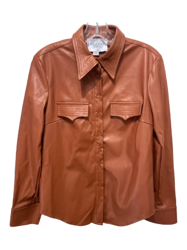 Easy Style The Shirt Rochelle Behrens Size Small Brown Polyurethane Long Sleeve Flap Top