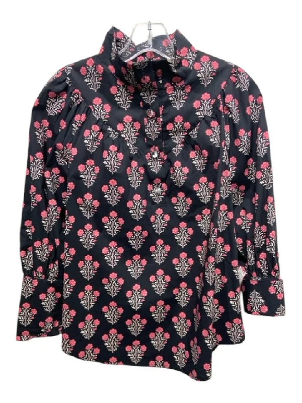 Cozy Outfit Tuckernuck Size S Black & Pink Print Cotton Floral Quarter Button Collar Top
